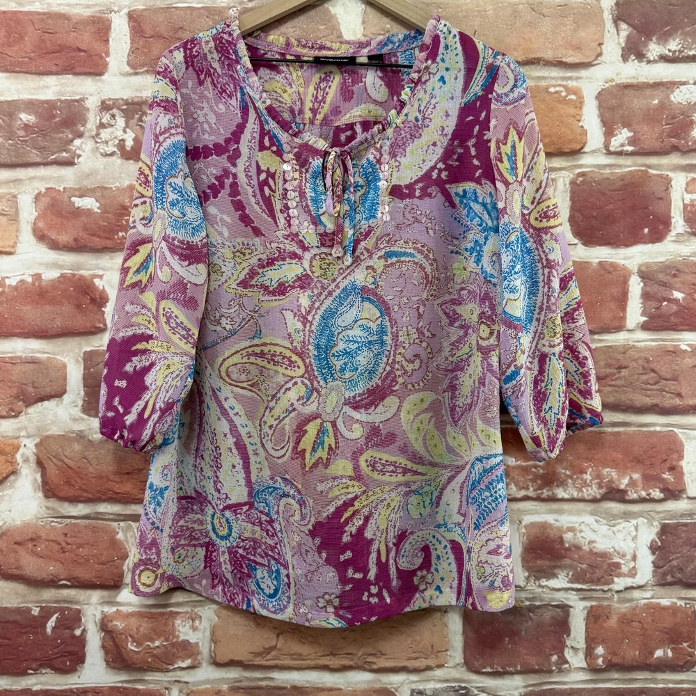 Avenue Top Women's 14/16 Purple Paisley Boho Floral Abstract Peasant Sheer Shirt